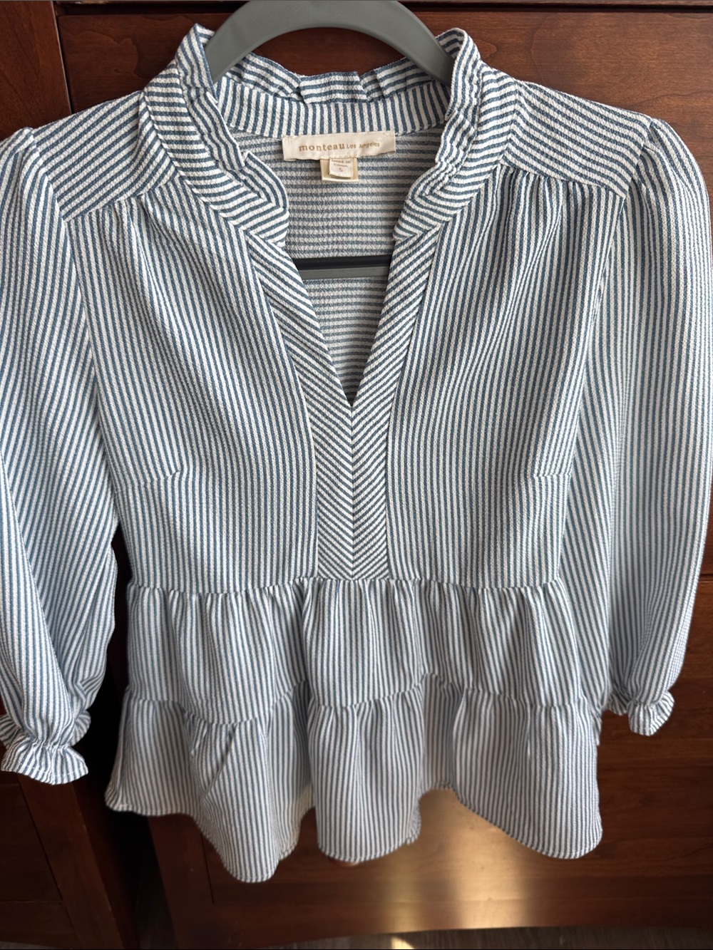 Monteau Navy and White Striped V-Neck Tiered Tunic